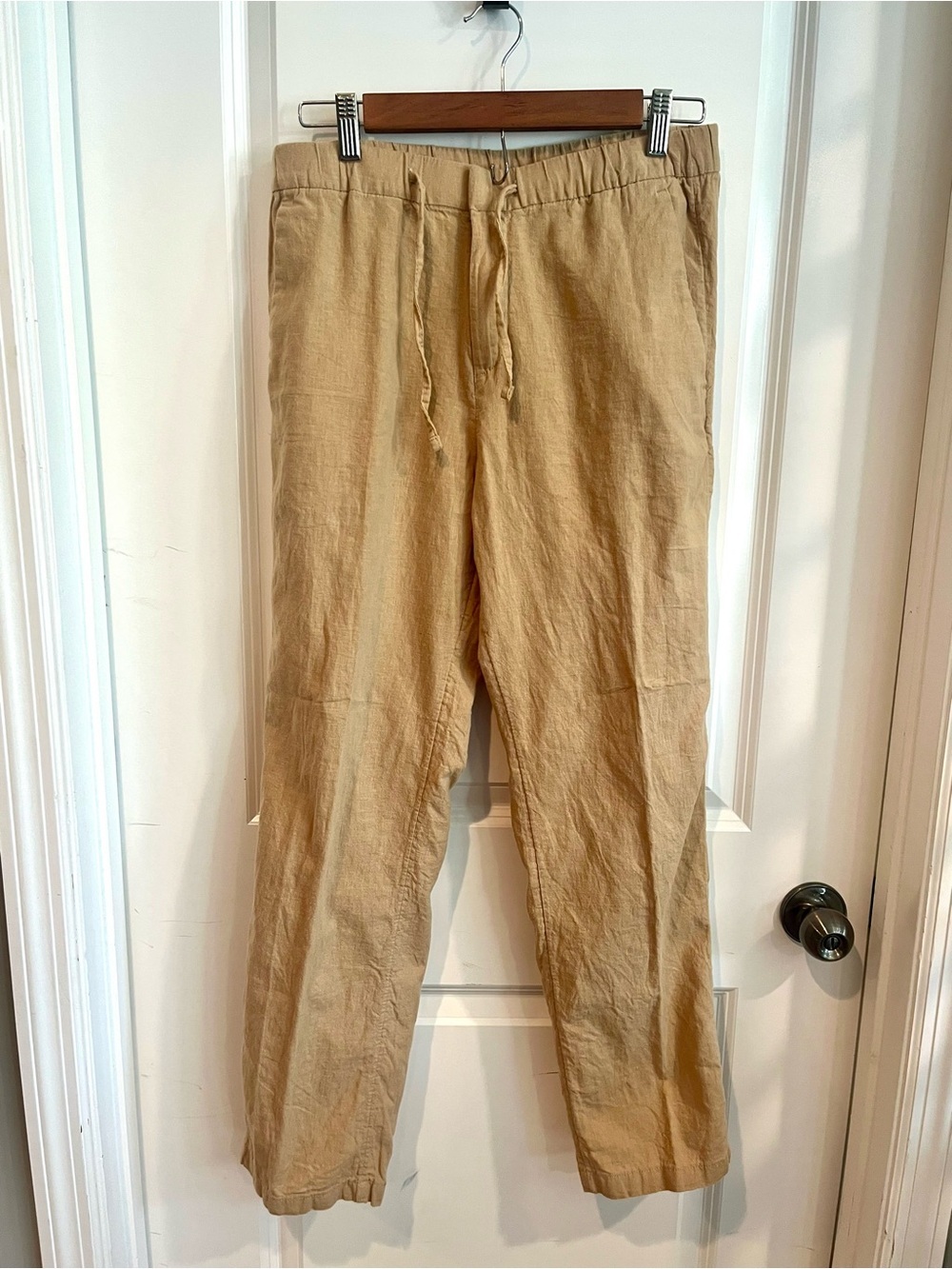 Casual Drawstring Linen Blend Pants - Khaki- also has a zipper and slide hook